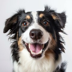 Fototapeta premium Happy Australian Shepherd Dog with Open Mouth and Shiny Eyes on White Background