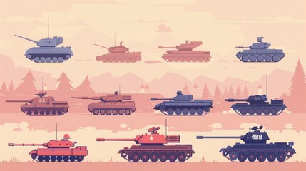 Vector Art of tank development through the ages, showcasing a timeline from early tanks to modern designs, in a clean, minimalist style with pastel colors