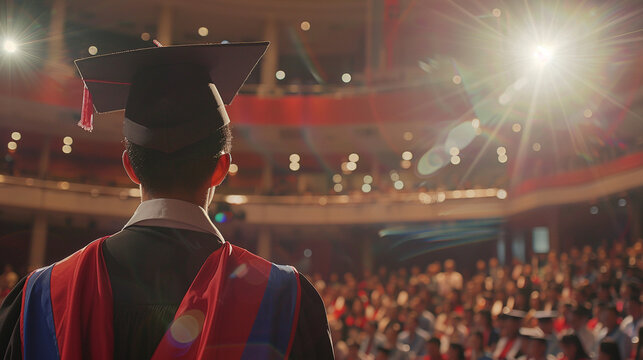 a graduate stands in front of a crowd of people