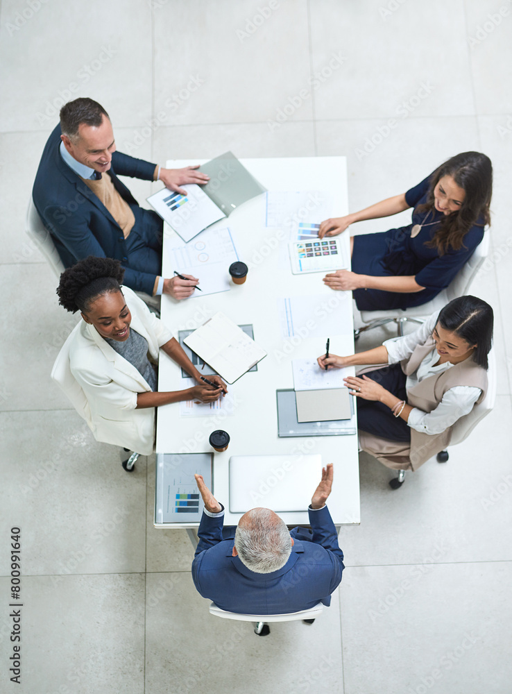 Wall mural Top view, business people and talking in office meeting for partnership, collaboration and corporate deal. Workplace, boardroom or team with documents for agreement, new project or work by above