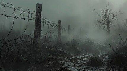 Concept Art of No Mans Land, portrayed as an ethereal, ghostly landscape with barbed wire and craters, using muted colors and fog effects for a haunting atmosphere