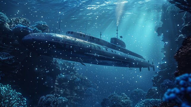 3D render of a Uboat submerged in the deep ocean, featuring bioluminescent ecosystems around it, depicted in a realistic yet surreal underwater setting