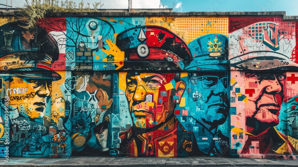 Wall mural Graffiti Art of nationalism and militarism, depicted as a large, vibrant street mural that critiques these ideologies with ironic symbols and expressive, bold lettering