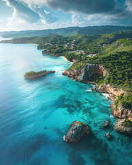 Fototapeta premium coast of a island seen from above in perspective with cloud and beach, cliff or sea waves breaking on the rocks, the water of the sea has a clear blue, with empty copy space
