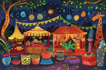 Cartoon cute doodles of a safari-themed night market, with stalls selling handmade crafts, traditional African cuisine, and souvenirs, Generative AI