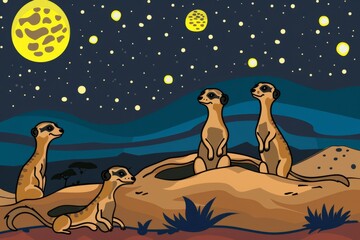 Cartoon cute doodles of a family of meerkats emerging from their burrows to forage for food under the starry night sky, their curiosity, Generative AI - obrazy, fototapety, plakaty