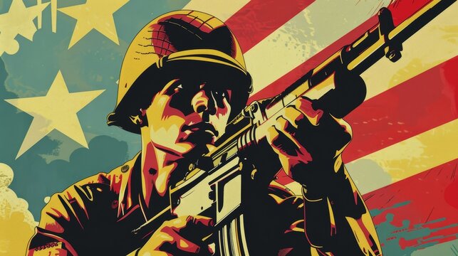 Pop Art of War Bonds propaganda posters, featuring bold colors, iconic graphics, and retro comic book style to evoke the nationalistic fervor of the era