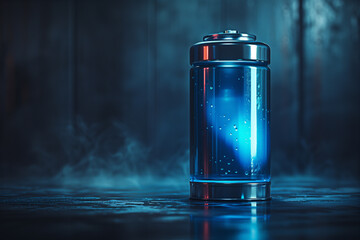 Futuristic blue glowing energy canister on moody background.