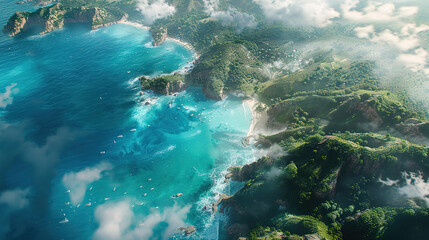 coast of a island seen from above in perspective with cloud and beach, cliff or sea waves breaking on the rocks, the water of the sea has a clear blue, with empty copy space