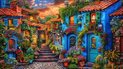 A beautiful small village with colorful houses and flowers