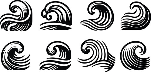 Set of sea waves, ocean waves collection, water splashes, vector illustration.