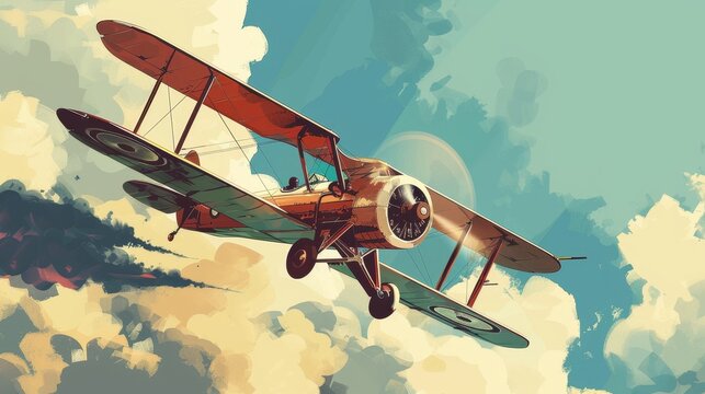 Triplane executing a trench strafing run, stylized with bold, clean lines and a modern, minimalist color palette