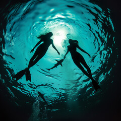 Silhouetted divers underwater with light rays.