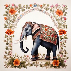 Pattern Mughal peacock elephant painting on a white background, Hindu elephant AI Generated