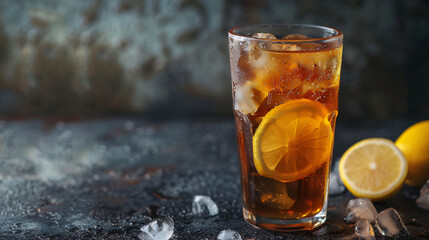 Glass of tasty ice tea with lemon on dark background -