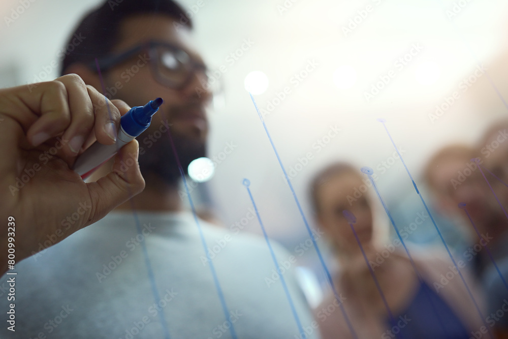 Poster business man, writing and office glass wall with planning and chart drawing for sale growth of compa