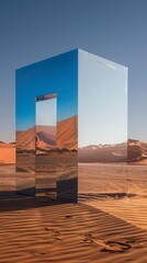 The deserts vastness meets its match in a mirror cube that captures and distorts its surreal landscape