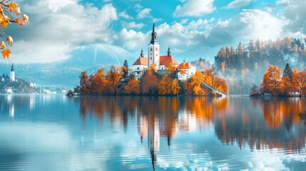 Church in the middle of a lake with blue sky and clouds, mountain in the background, Lake Bled, Slovenia - obrazy, fototapety, plakaty