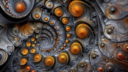 A spiral of interlocking gears with a metallic texture.