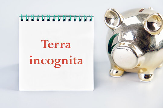 Terra incognita the phrase means unknown land on a vertically standing notebook near the piggy bank on a light background