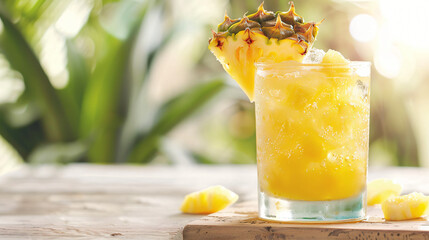 Glass of tasty pineapple cocktail on light wooden table