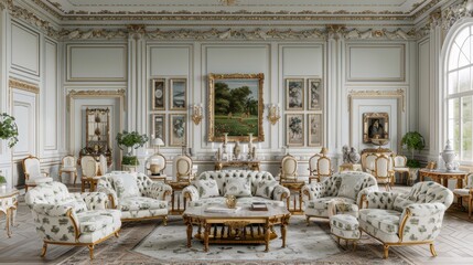 An opulent drawing room with white walls and gilded accents