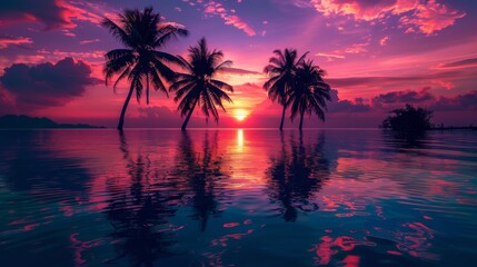 Fototapeta na wymiar Tropical sunset on a beach with palm trees, sunset over Water and Islands, Thailand
