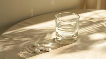 Glass of water with soluble tablets on beige table