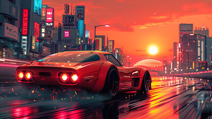 High-Speed Sports Racing Supercar on Narrow Neon-lit City Streets