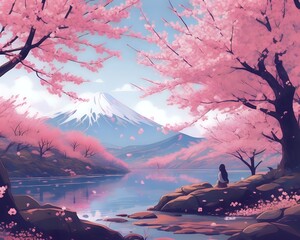 Lofi Landscape with Cherry Blossom Trees, River, and Girl Sitting