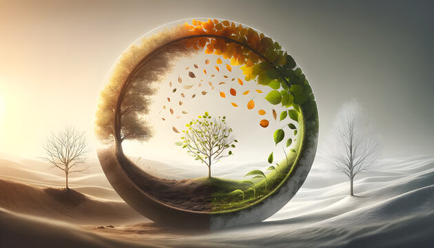 concept of the life cycle, a seedling in soil, a mature tree, autumn leaves falling, and a bare tree in a snowy landscape, illustrating the continuous cycle of life.