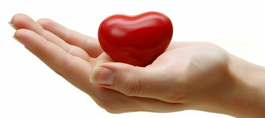 Symbolic gesture of love  hand offering red heart signifies generosity and kindness