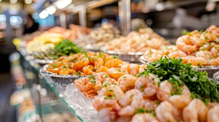 Vibrant seafood display on ice at market  freshness captured in intricate detail