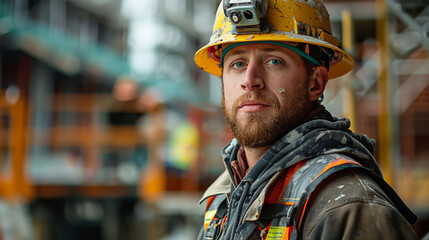 Fototapeta premium Determined worker on siteBuilder's Resolve: A Day in the Life of a Determined Construction Worker on Site.A construction worker or foreman at a construction site. 