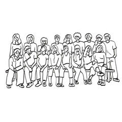 people sitting and standing together illustration vector hand drawn isolated on white background