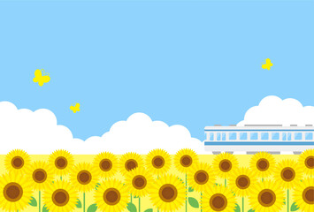 summer vector background with a train and sunflower field in the sky for banners, cards, flyers, social media wallpapers, etc.