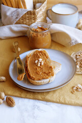 High angle view of Peanut Butter on Toast on table