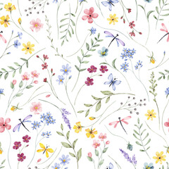 Fototapeta na wymiar Seamless background, floral pattern with watercolor pink, blue wild flowers, leaf, dragonflies, butterflies.. Repeat fabric wallpaper print texture. Perfectly for wrapped paper, backdrop.