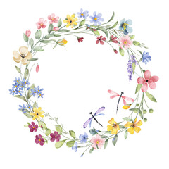 Fototapeta premium Wreath with watercolor flowers, leaves, dragonflies, blue and pink floral frame for greeting card, invitation and other printing design. Isolated on white. Hand drawing.