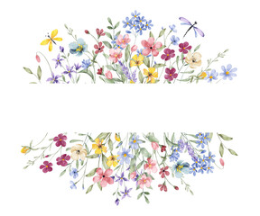 Wild flowers frame border. Watercolor hand painting floral botanical background. Flowers, branch, dragonfly, butterfly  isolated on white.	