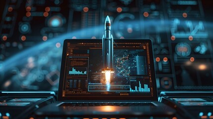 Launching Space Rocket From Laptop Screen. Image of a laptop screen displaying a mission control interface, Generative AI