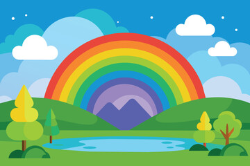 Rainbow above Pond Lake Nature Landscape Scenery Illustration vector design