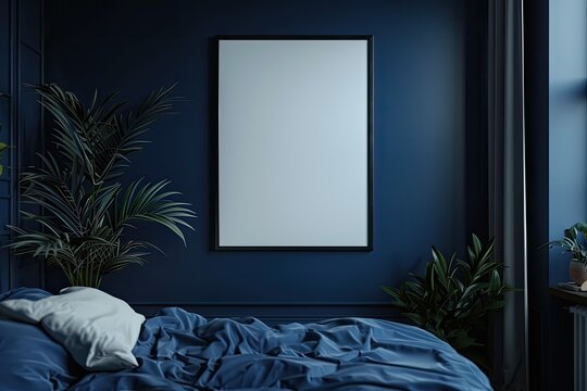 A single blank frame is mounted on a feature wall in a dark blue bedroom