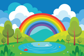 Rainbow above Pond Lake Nature Landscape Scenery Illustration vector design