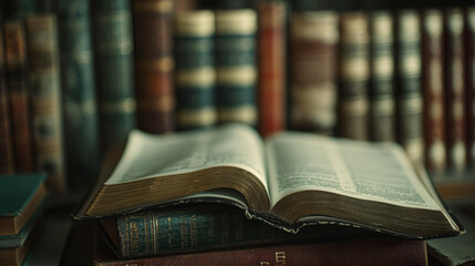 Antique book laid open on a rustic wooden surface with a backdrop of shelves filled with classic literature volumes