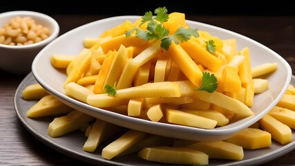 French fries, chopped mango, dinner plate, dinner dish