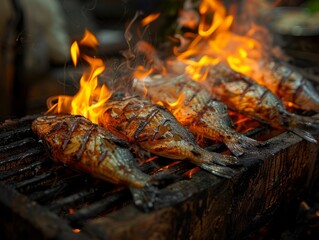 Fish cooking on a grill, macro shoot