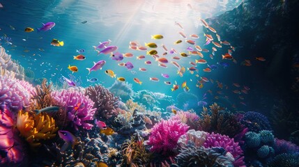 Fototapeta na wymiar A mesmerizing image of a school of colorful fish swimming in unison above a coral reef, creating a mesmerizing display of life and movement on World Reef Awareness Day.