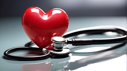extreme close-up of a red heart and stethoscope on a reflective surface packed with copy space. notion of cardiovascular care and medical health.