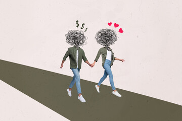 Composite image collage of anonym headless girl guy walk think money dollar love heart different...